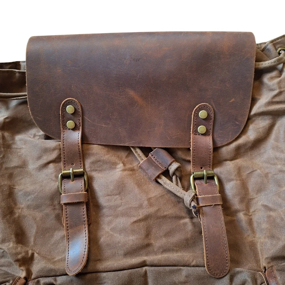 Waxed Canvas Leather Heavy Duty Rugged Backpack Rucksack Cargo Storage Hunting